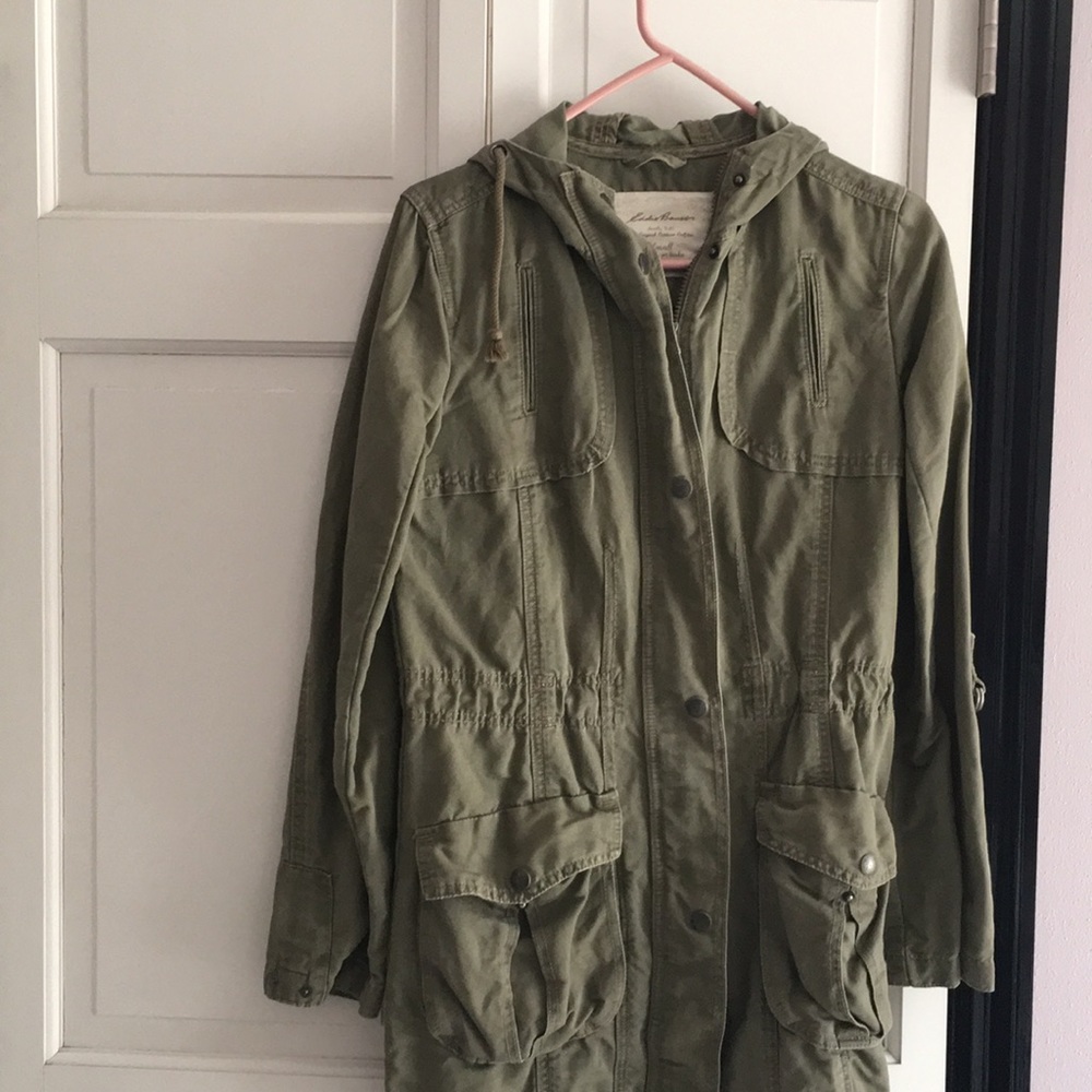 Eddie Bauer hooded military green utility jacket.